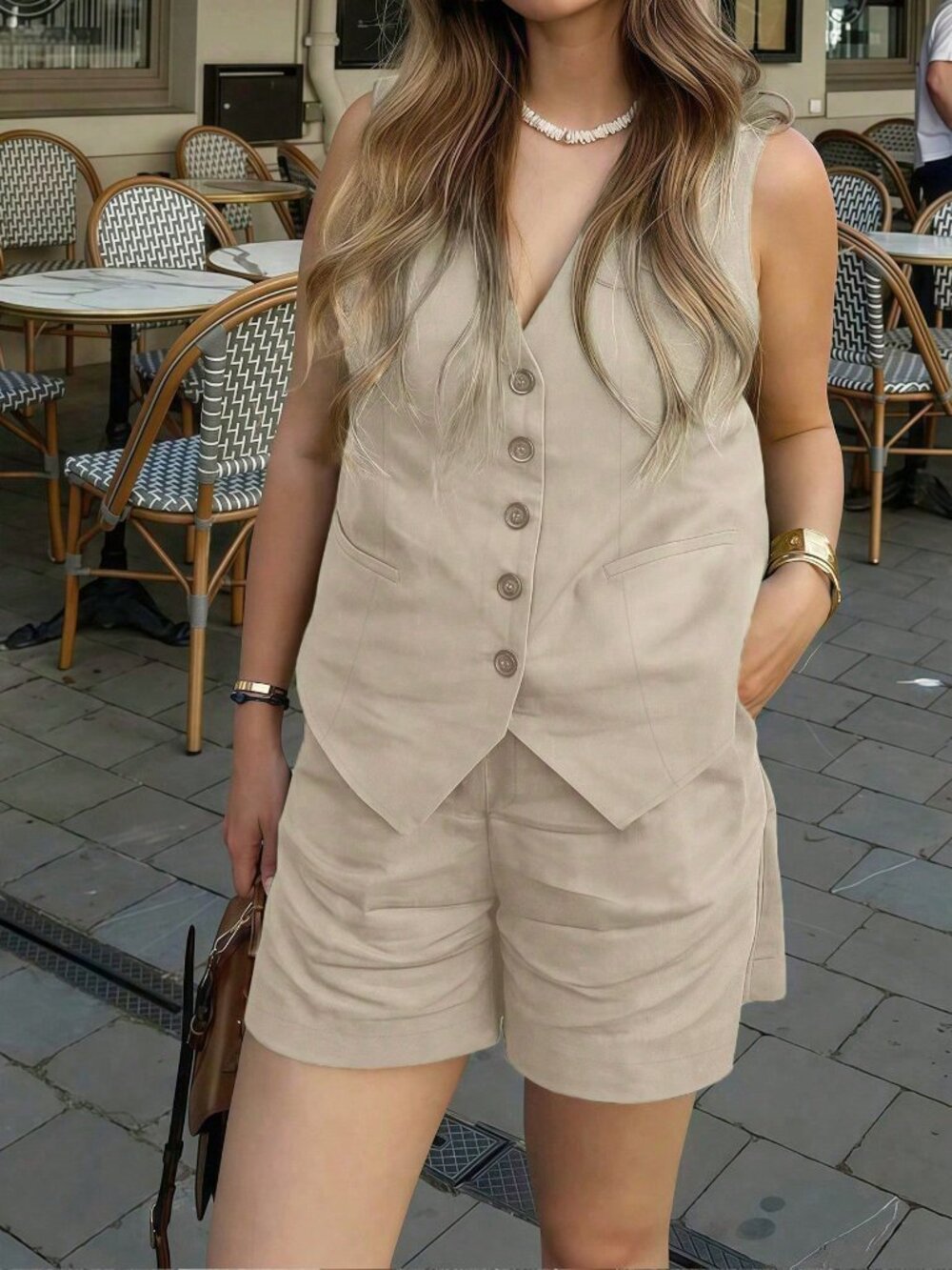 Khaki Casual Women's Vest And Shorts Set - Picture 4 of 5